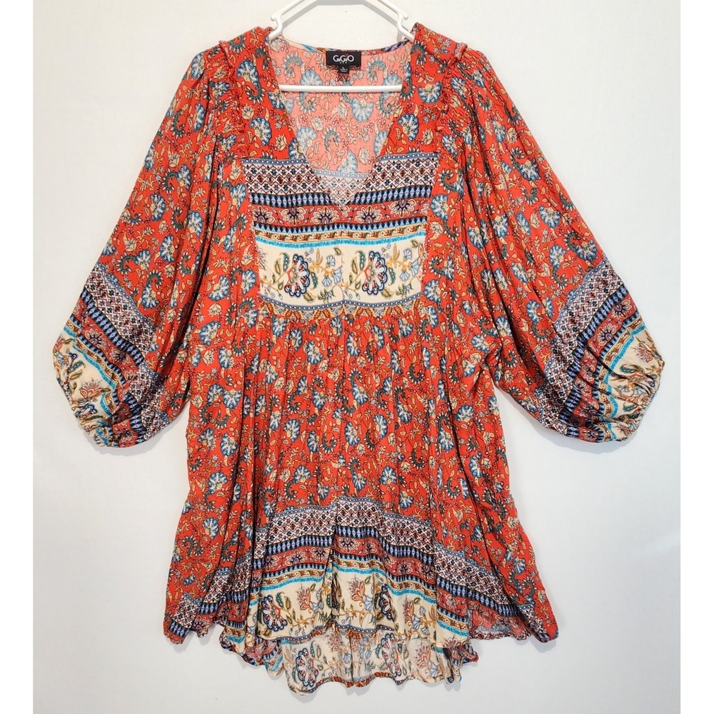 GiGiO Women's Large Boho Floral Babydoll Dress Peasant Tunic Paisley Orange
